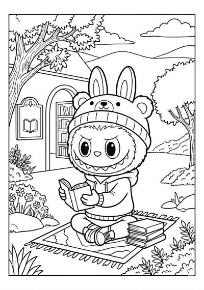 Labubu labubu in little library scene coloring page for kids age 6-8
