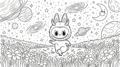 Labubu labubu in starry night field coloring page for kids age 6-8