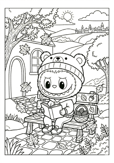Labubu labubu on autumn bench coloring page for kids age 6-8