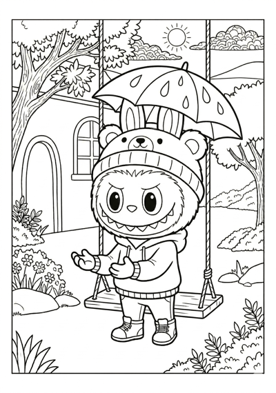 Labubu labubu on small swing coloring page for kids age 6-8