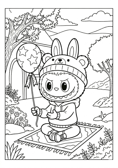 Labubu labubu with balloon coloring page for kids age 6-8