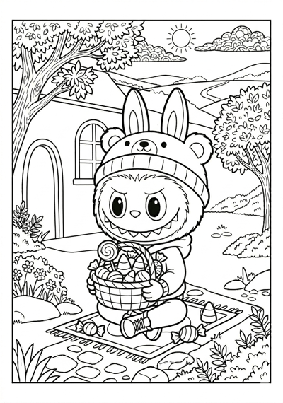 Labubu labubu with candy basket coloring page for kids age 6-8