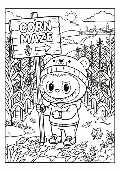 Labubu labubu with corn maze sign coloring page for kids age 6-8