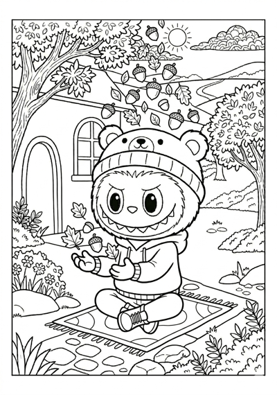 Labubu labubu with falling acorns coloring page for kids age 6-8