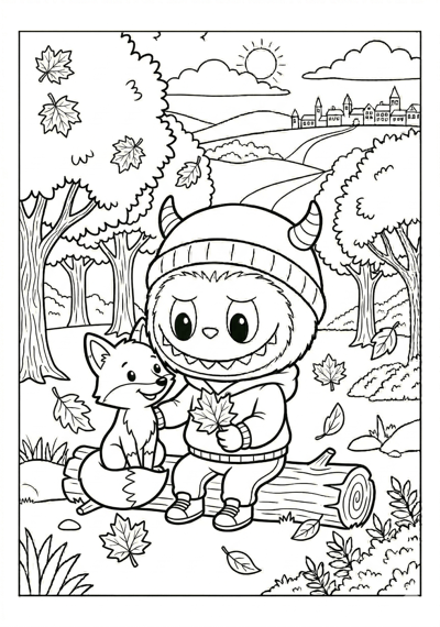Labubu labubu with friendly fox coloring page for kids age 6-8