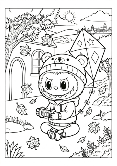 Labubu labubu with kite in fall wind coloring page for kids age 6-8