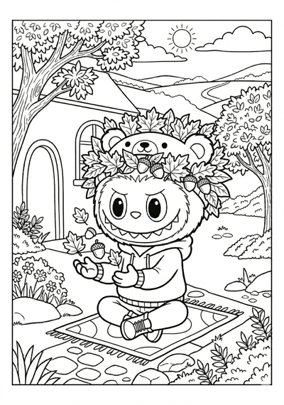 Labubu labubu with leaf crown coloring page for kids age 6-8