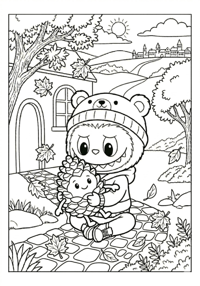 Labubu labubu with pinecone friend coloring page for kids age 6-8