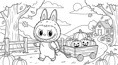 Labubu labubu with pumpkin wagon coloring page for kids age 6-8