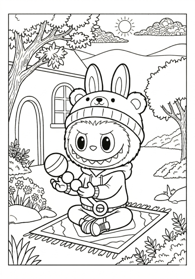 Labubu labubu with rattle toy coloring page for kids age 6-8
