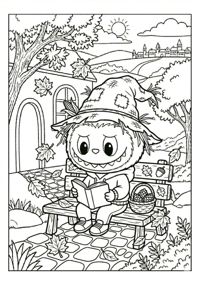 Labubu labubu with scarecrow hat coloring page for kids age 6-8