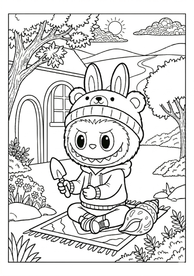 Labubu labubu with shell friend coloring page for kids age 6-8