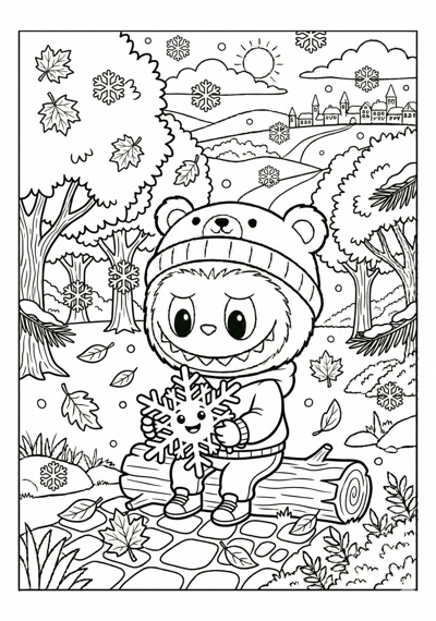 Labubu labubu with snowflake buddy coloring page for kids age 6-8