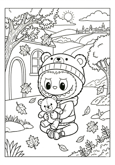 Labubu labubu with soft plush bear coloring page for kids age 6-8