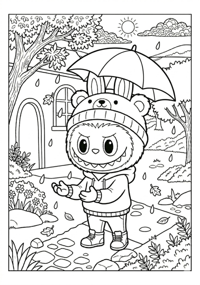Labubu labubu with umbrella coloring page for kids age 6-8