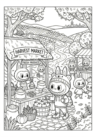 Labubu market day harvest scene with labubu coloring page for kids age 9-10