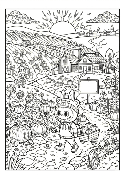 Labubu sunset in pumpkin farm with labubu coloring page for kids age 9-10