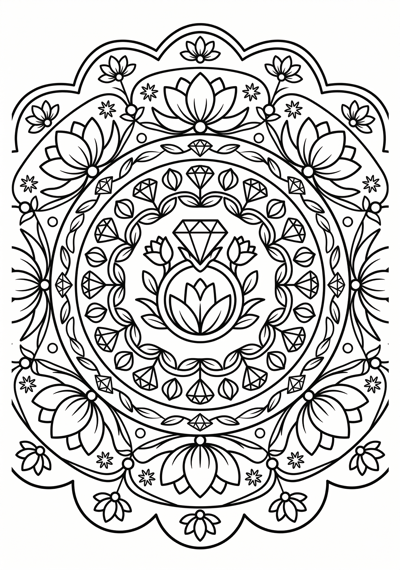 Mandala blooming diamond ring coloring page for kids age 6-8