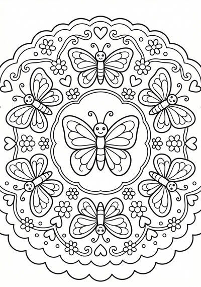 Mandala butterfly ring coloring page for kids age 6-8