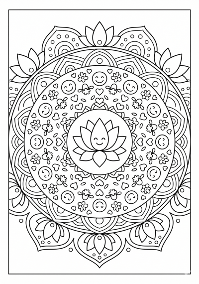 Mandala cheerful lotus ring coloring page for kids age 6-8