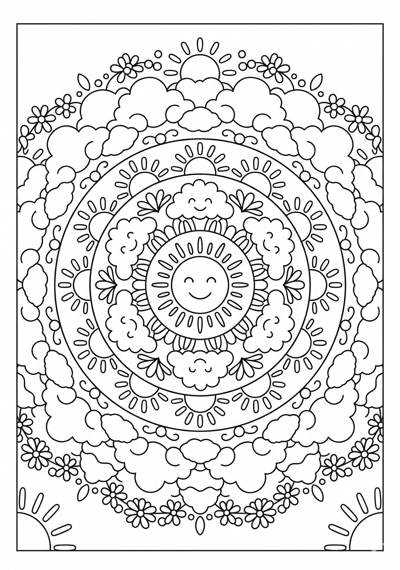 Mandala cloud sun petal coloring page for kids age 6-8
