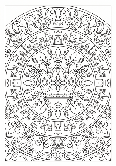 Mandala crown petal scene coloring page for kids age 9-10