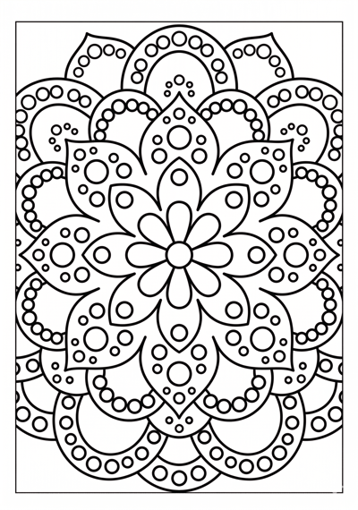 Mandala dot petal rings coloring page for kids age 6-8