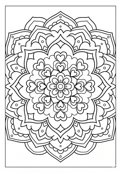 Mandala double petal rosette coloring page for kids age 6-8