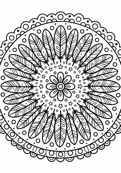 Mandala feather ring coloring page for kids age 6-8