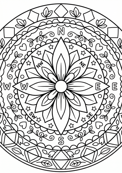 Mandala flower compass coloring page for kids age 6-8