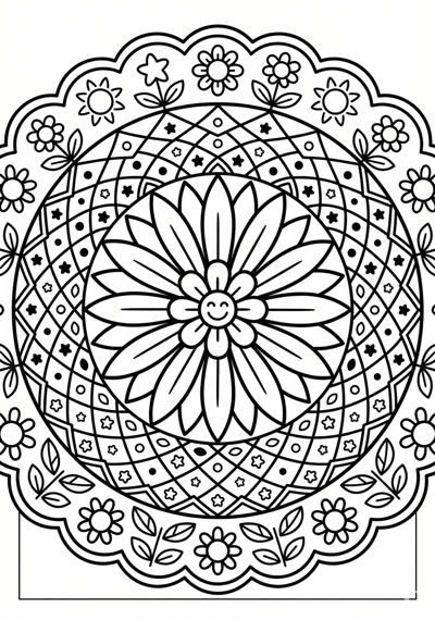 Mandala flower sunburst net coloring page for kids age 6-8