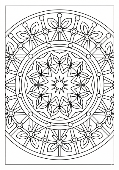 Mandala geometric bloom wheel coloring page for kids age 6-8