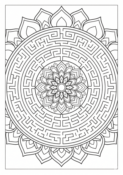 Mandala golden petal maze coloring page for kids age 9-10