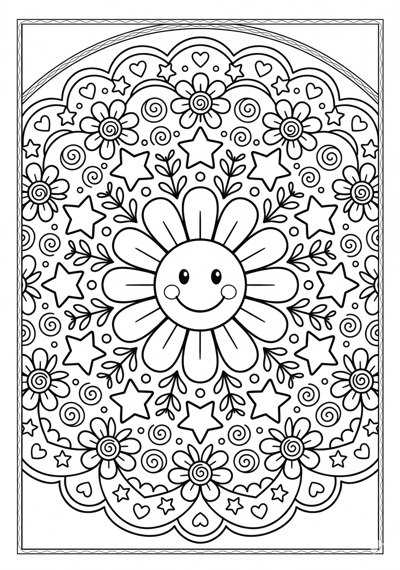 Mandala happy star flower coloring page for kids age 6-8