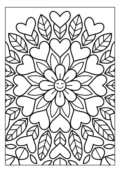 Mandala heart leaf bloom coloring page for kids age 6-8