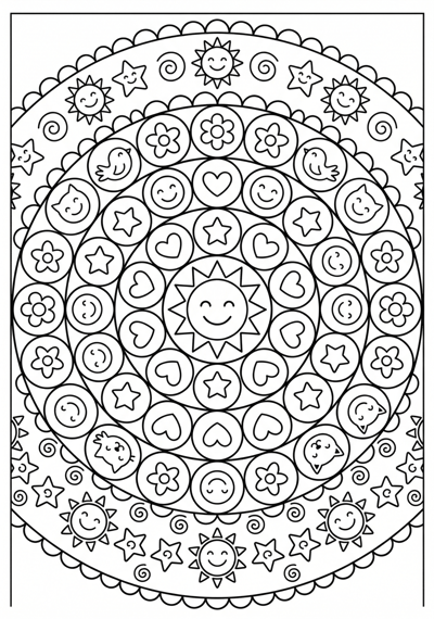 Mandala joyful circle grid coloring page for kids age 6-8