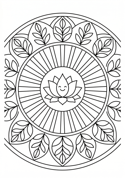 Mandala lotus sun ray coloring page for kids age 6-8