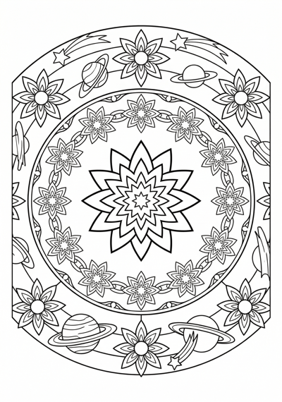 Mandala nested starflower orbit coloring page for kids age 9-10