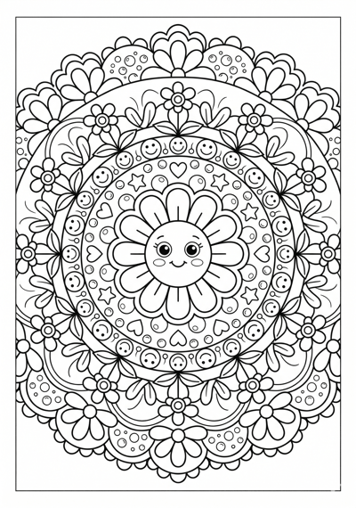 Mandala playful circle bloom coloring page for kids age 6-8
