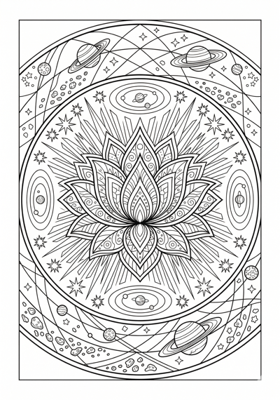 Mandala radiant orbit lotus coloring page for kids age 9-10