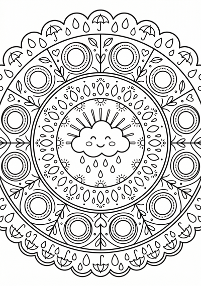 Mandala rain drop rings coloring page for kids age 6-8