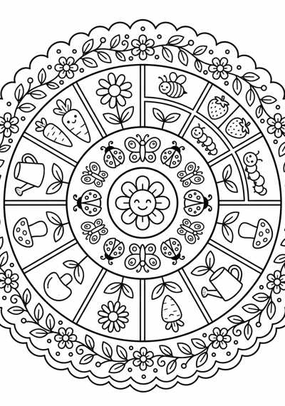 Mandala round garden grid coloring page for kids age 6-8