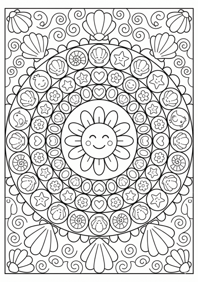 Mandala shell petal circle coloring page for kids age 6-8