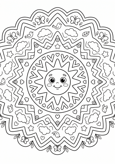 Mandala soft zigzag sun coloring page for kids age 6-8