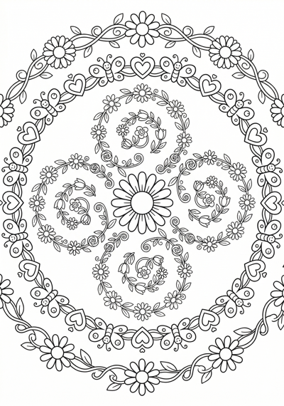 Mandala spiral flower chain coloring page for kids age 6-8