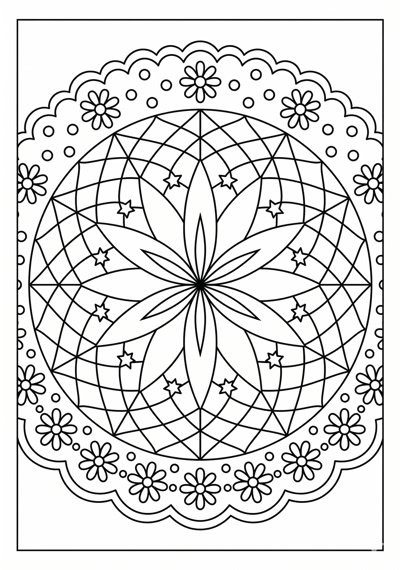 Mandala starburst flower web coloring page for kids age 6-8