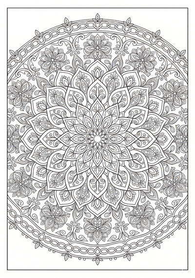 Mandala symmetric bloom kaleidoscope coloring page for kids age 9-10