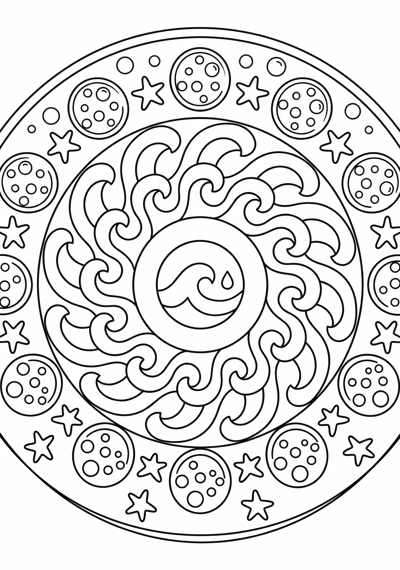 Mandala wave circle pattern coloring page for kids age 6-8
