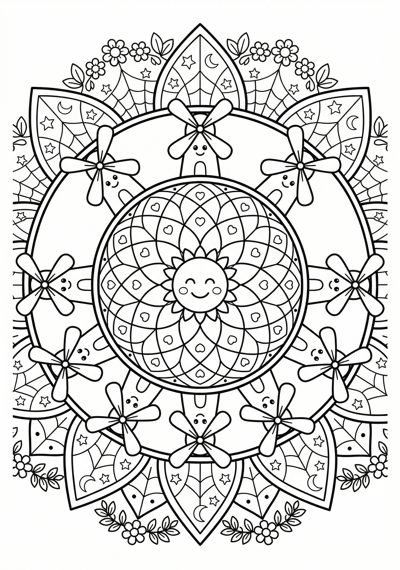 Mandala windmill petal web coloring page for kids age 6-8