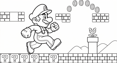 Mario mario action side view coloring page for kids age 6-8